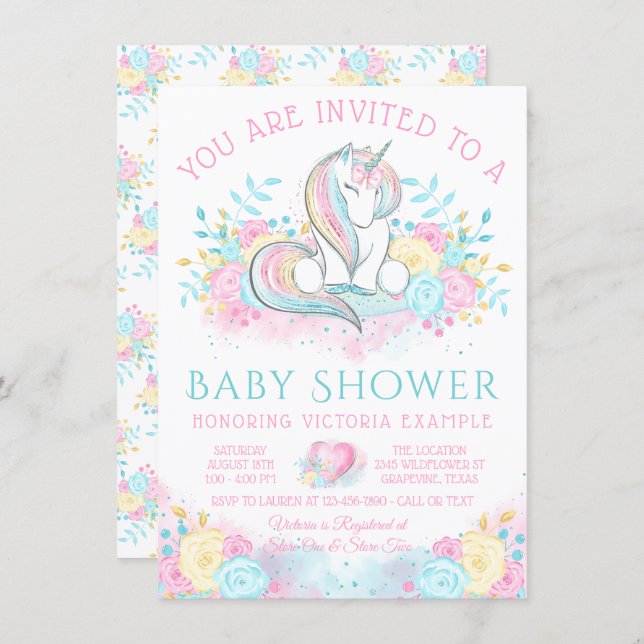 Sweet Watercolor Unicorn Baby Shower Invitation (Front/Back)