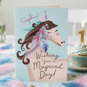 Sweet Watercolor Unicorn Horse 1st Birthday Card 
