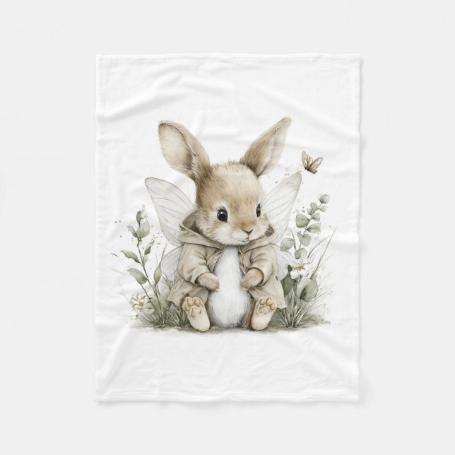Sweet watercolour fairy bunny illustration fleece blanket (Front)