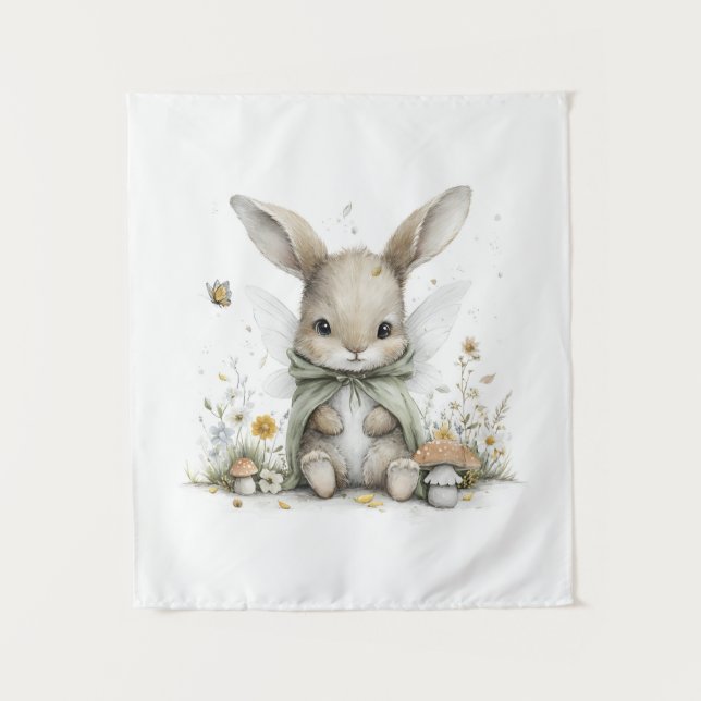 Sweet watercolour fairy bunny illustration tapestry (Front)