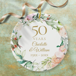 Sweet Watercolour Roses Garland 50th Anniversary Ceramic Ornament