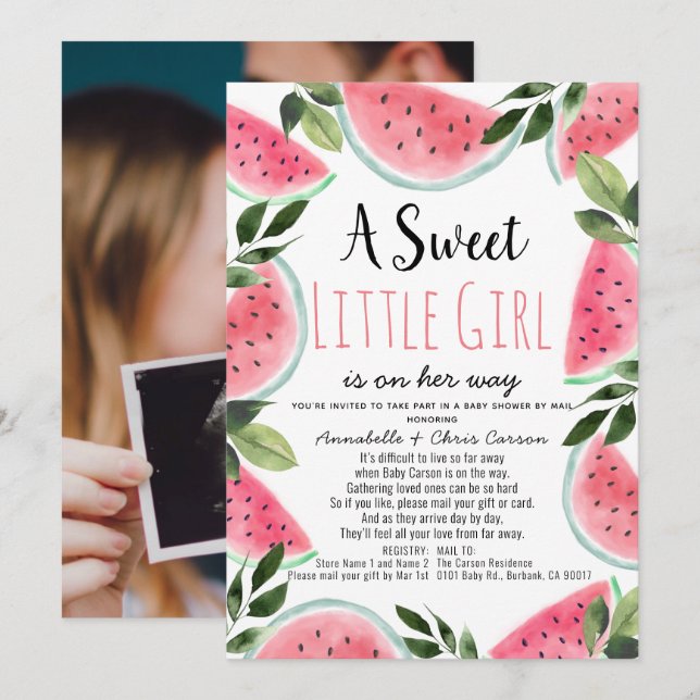 Sweet Watermelon Baby Shower by Mail Photo Invitation (Front/Back)