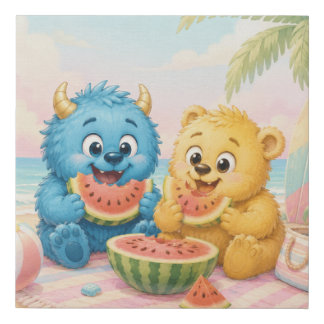 Sweet Watermelon Beach Day Monster Friends Nursery Faux Canvas Print