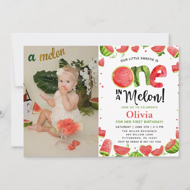 Sweet Watermelon Birthday 1st Birthday Party Photo Invitation (Front)