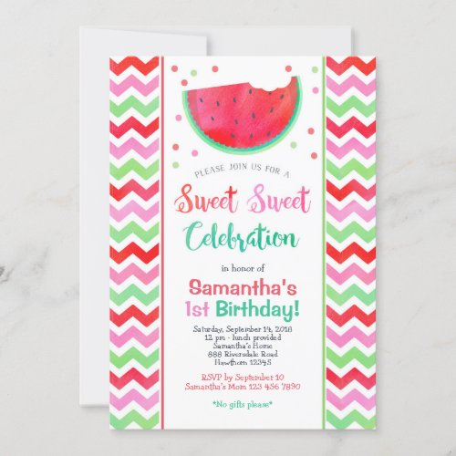 Sweet Watermelon Girl Birthday Party Invitation