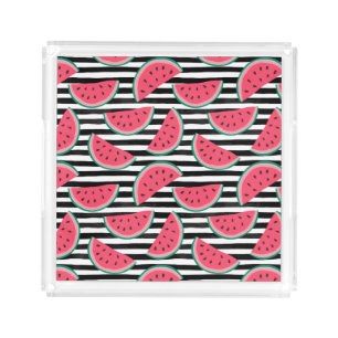 Sweet Watermelon on Stripes Black & White Pattern Acrylic Tray