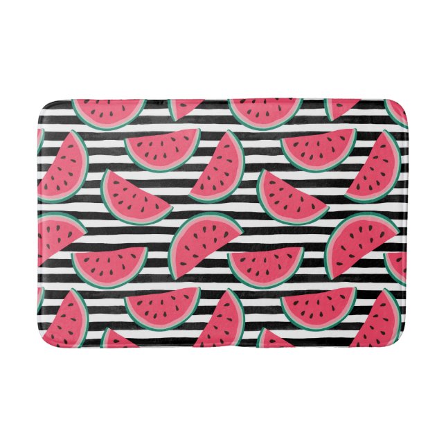 Sweet Watermelon on Stripes Black & White Pattern Bathroom Mat (Front)