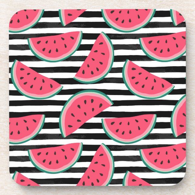 Sweet Watermelon on Stripes Black & White Pattern Beverage Coaster (Front)