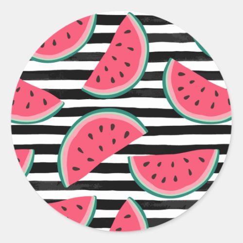 Sweet Watermelon on Stripes Black  White Pattern Classic Round Sticker