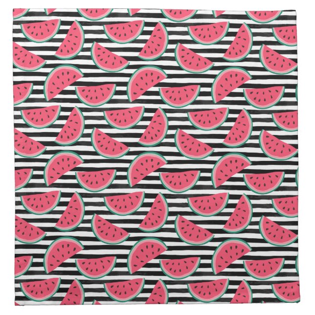 Sweet Watermelon on Stripes Black & White Pattern Cloth Napkin (Front)