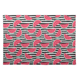 Sweet Watermelon on Stripes Black & White Pattern Cloth Placemat