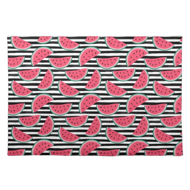 Sweet Watermelon on Stripes Black & White Pattern Cloth Placemat (Front)