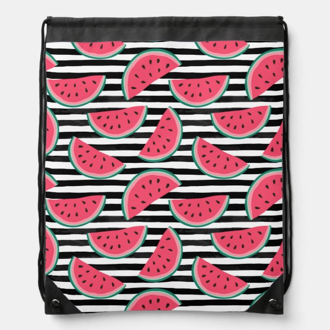 Sweet Watermelon on Stripes Black & White Pattern Drawstring Bag (Front)