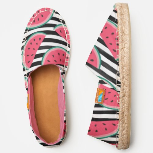 Sweet Watermelon on Stripes Black  White Pattern Espadrilles