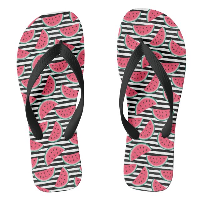 Sweet Watermelon on Stripes Black & White Pattern Flip Flops (Footbed)