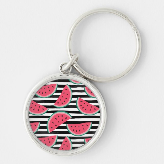 Sweet Watermelon on Stripes Black & White Pattern Keychain (Front)