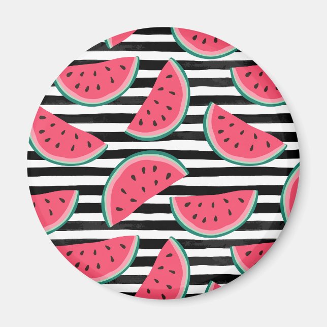 Sweet Watermelon on Stripes Black & White Pattern Magnet (Front)