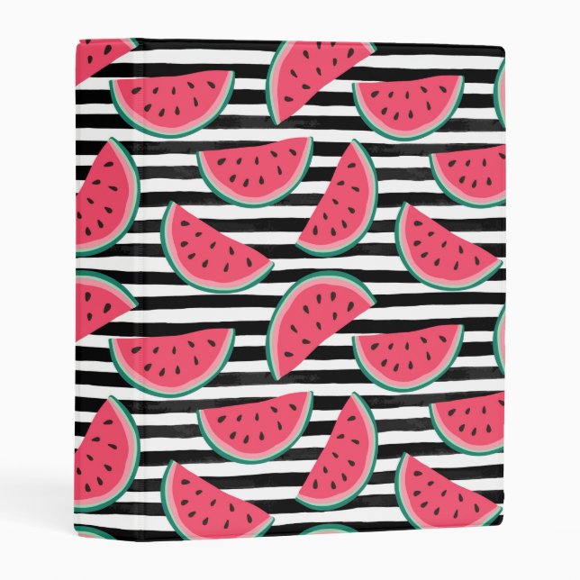 Sweet Watermelon on Stripes Black & White Pattern Mini Binder (Front/Spine)