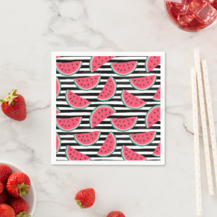 Sweet Watermelon on Stripes Black & White Pattern Napkins
