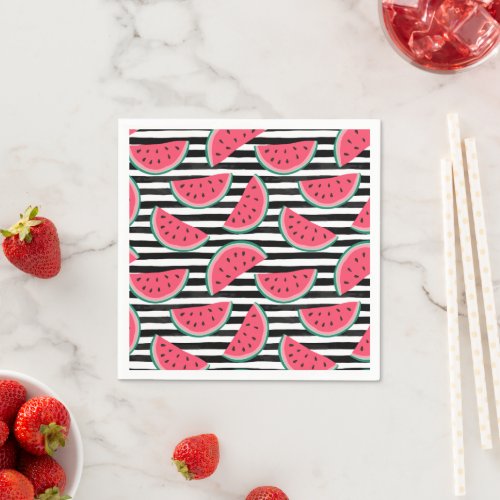 Sweet Watermelon on Stripes Black  White Pattern Napkins