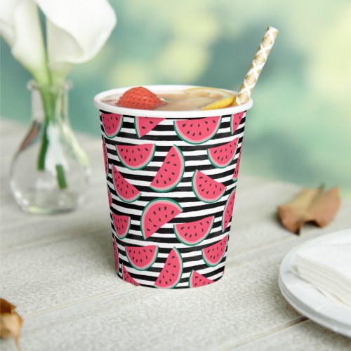 Sweet Watermelon on Stripes Black  White Pattern Paper Cups