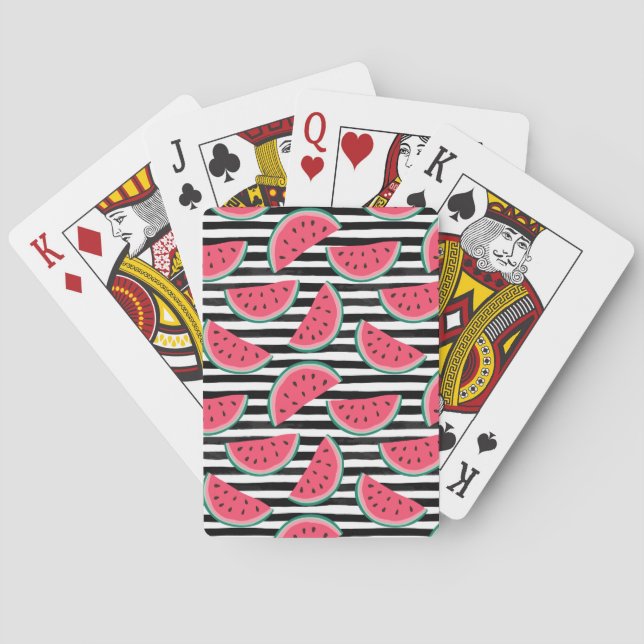 Sweet Watermelon on Stripes Black & White Pattern Poker Cards (Back)