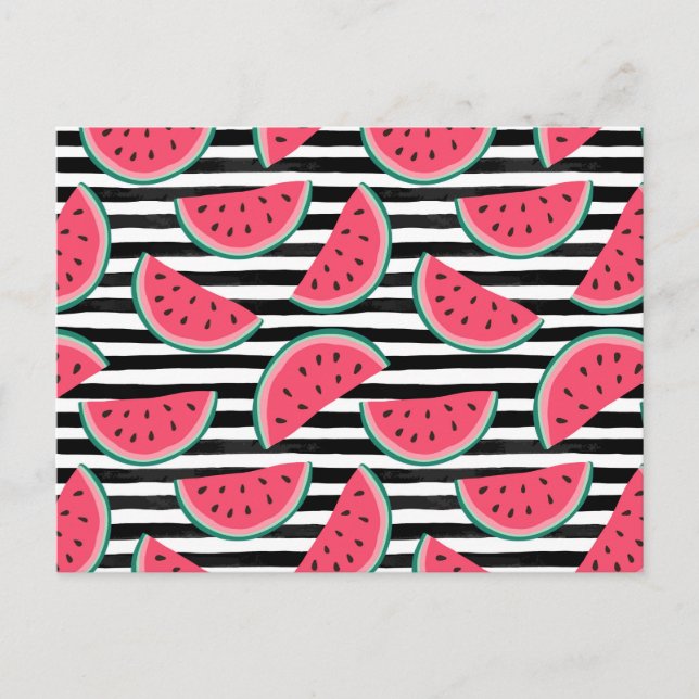 Sweet Watermelon on Stripes Black & White Pattern Postcard (Front)