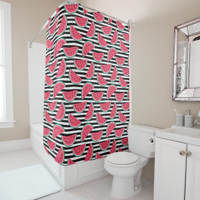 Sweet Watermelon on Stripes Black & White Pattern Shower Curtain (In Situ)