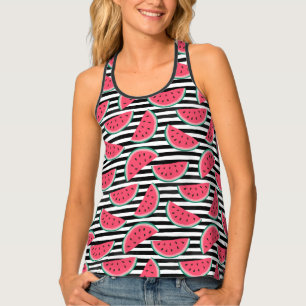 Sweet Watermelon on Stripes Black & White Pattern Tank Top