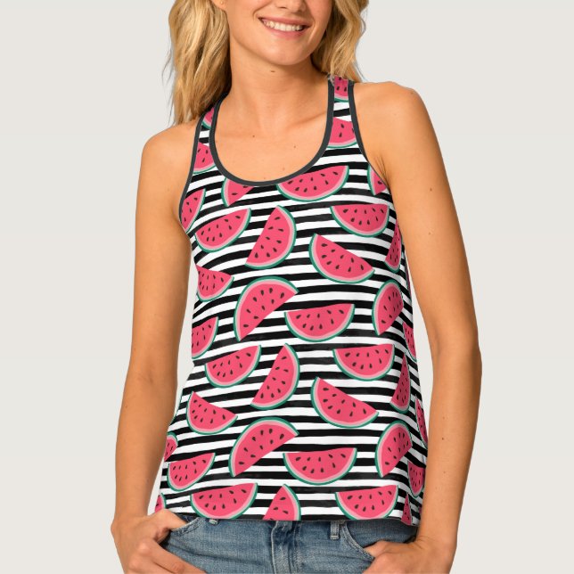 Sweet Watermelon on Stripes Black & White Pattern Tank Top (Front)