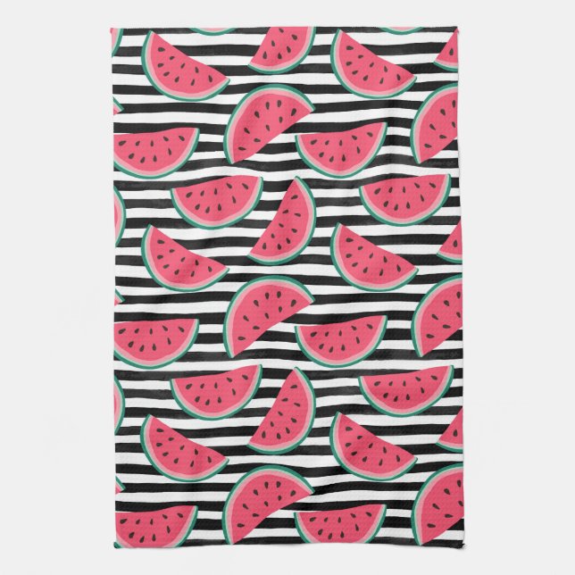 Sweet Watermelon on Stripes Black & White Pattern Towel (Vertical)