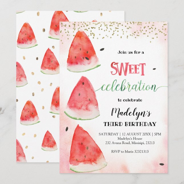 Sweet Watermelon Summer Birthday Invitation (Front/Back)