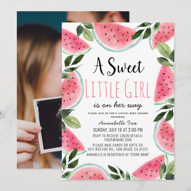 Sweet Watermelon Virtual Baby Shower Photo Invitation (Front/Back)