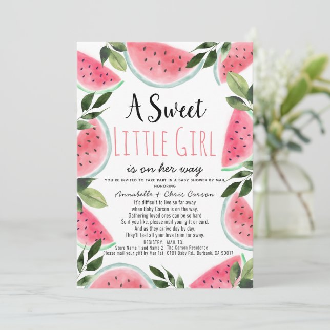 Sweet Watermelon Watercolor Baby Shower by Mail Invitation (Standing Front)