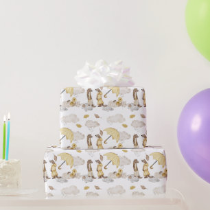 Sweet Weasels Umbrellas, Rain Clouds, Flowers Wrapping Paper