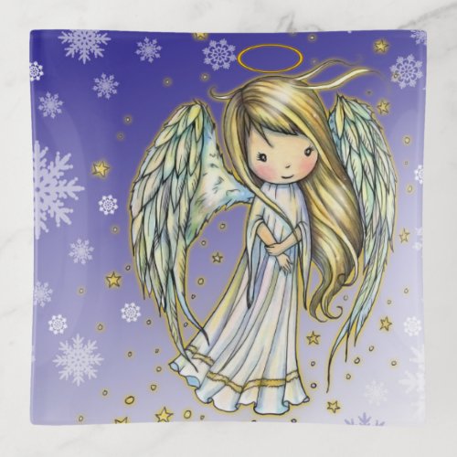 Sweet Whimsical Angel Holiday Winter Christmas Art Trinket Tray