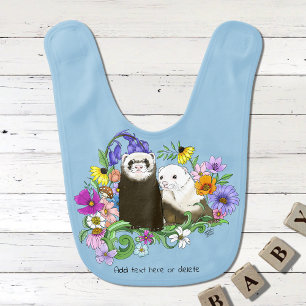 Sweet Whimsical Blue Cute Floral Ferrets Pair Baby Bib
