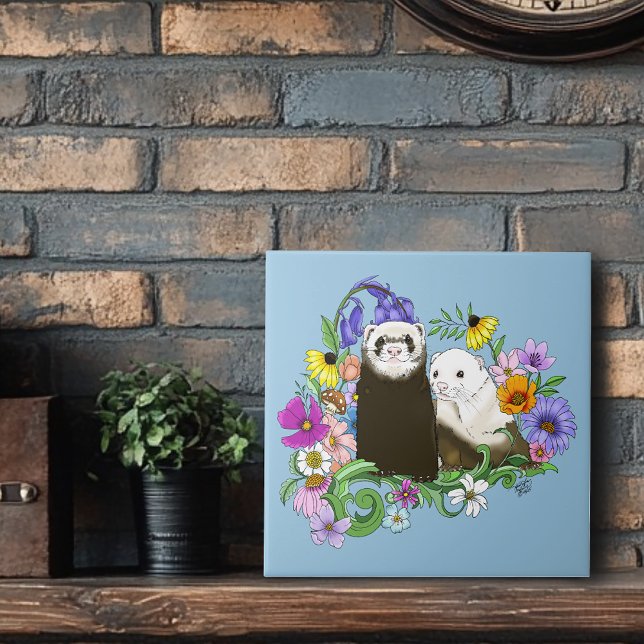 Sweet Whimsical Blue Cute Floral Ferrets Pair  Ceramic Tile (Creator Uploaded)