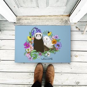 Sweet Whimsical Blue Cute Floral Ferrets Pair  Doormat