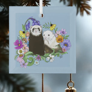 Sweet Whimsical Blue Cute Floral Ferrets Pair Glass Ornament