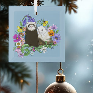 Sweet Whimsical Blue Cute Floral Ferrets Pair  Glass Ornament