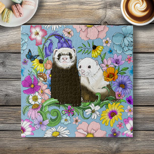 Sweet Whimsical Blue Cute Floral Ferrets Pair  Jigsaw Puzzle