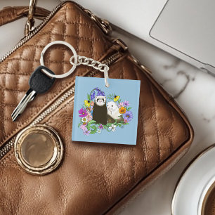 Sweet Whimsical Blue Cute Floral Ferrets Pair Keychain