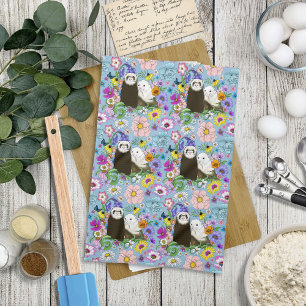 Sweet Whimsical Blue Cute Floral Ferrets Pair Kitchen Towel