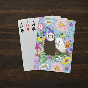 Sweet Whimsical Blue Cute Floral Ferrets Pair Poker Cards