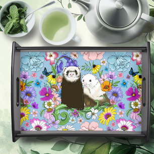 Sweet Whimsical Blue Cute Floral Ferrets Pair Serving Tray