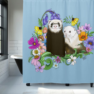 Sweet Whimsical Blue Cute Floral Ferrets Pair Shower Curtain