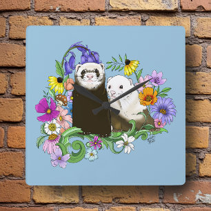 Sweet Whimsical Blue Cute Floral Ferrets Pair Square Wall Clock