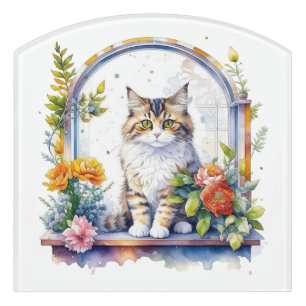 Sweet Whimsical Cat in Window of Flowers   Door Sign