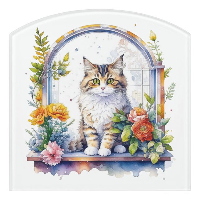 Sweet Whimsical Cat in Window of Flowers   Door Sign (Contour Front)